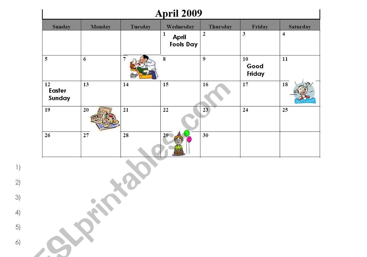 calendar activity worksheet