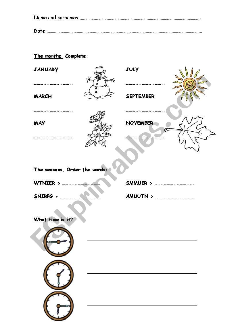 Months, seasons and time worksheet