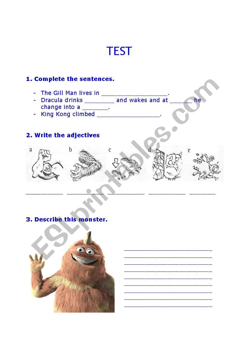 Test about monsters worksheet