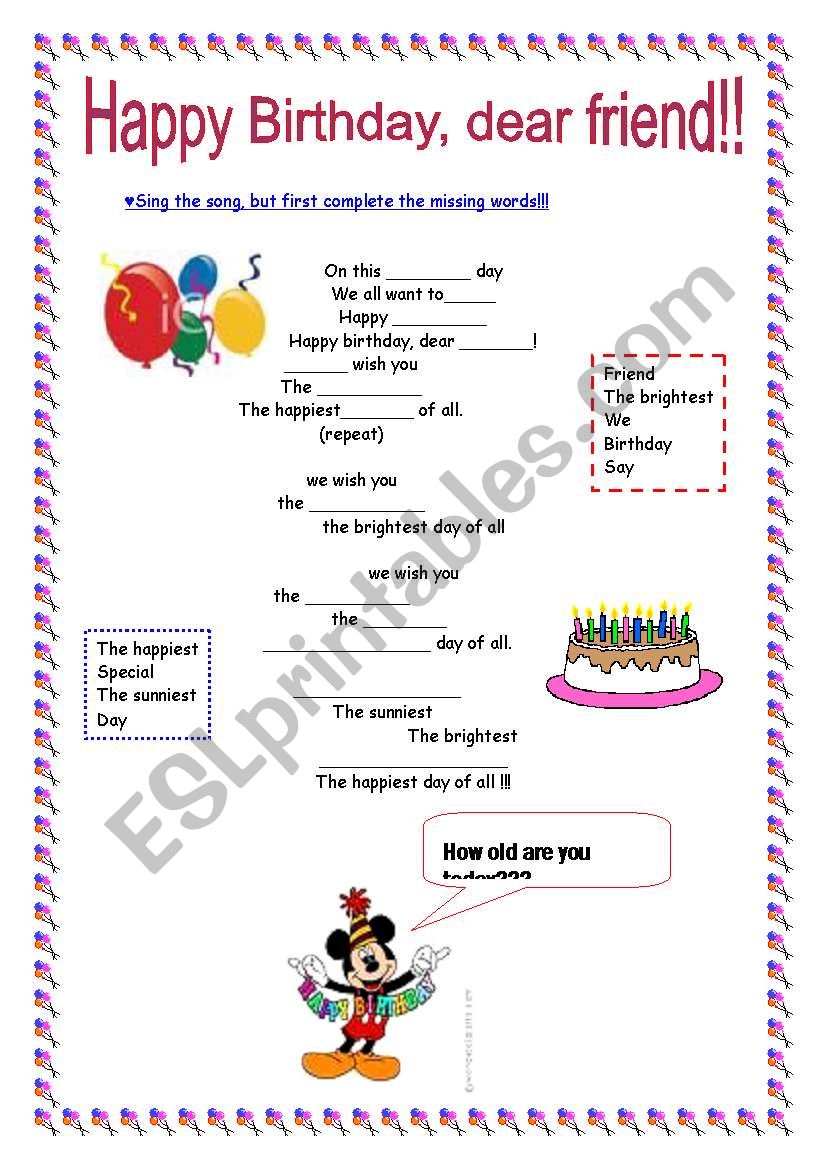 Original Happy Birthday Song ESL Worksheet By Nikita2008