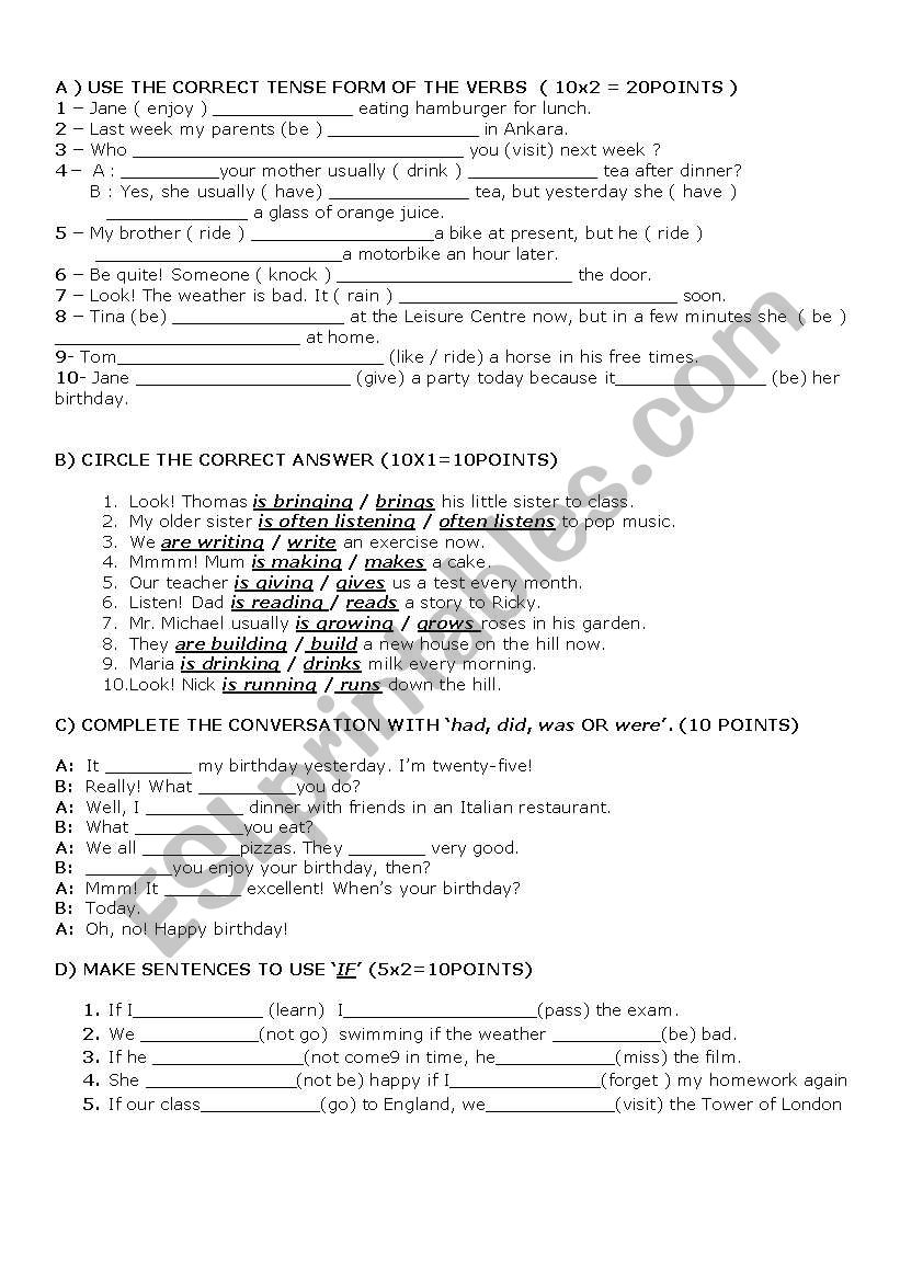 exam worksheet