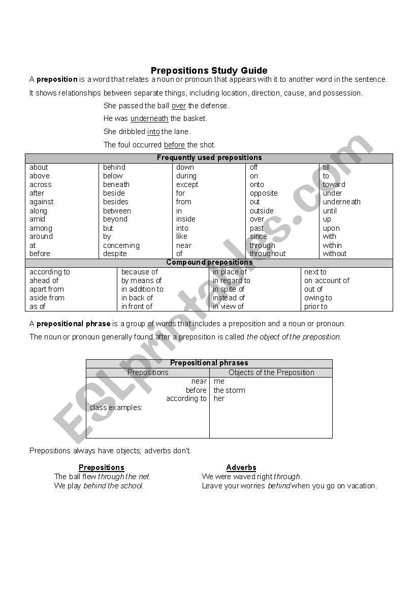 Preposition Notes worksheet