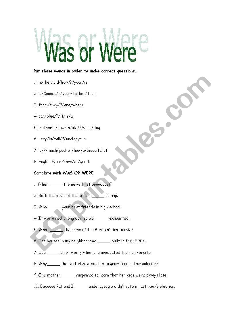 was or were worksheet