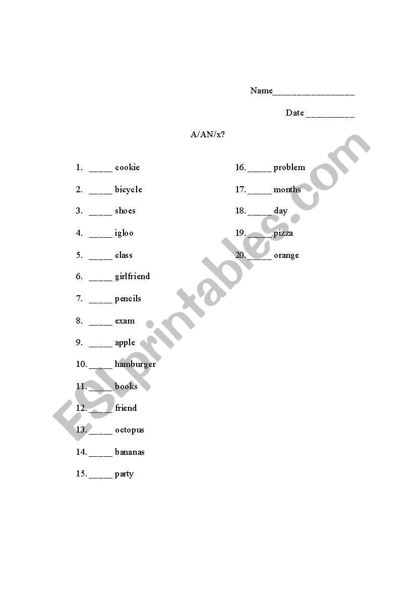 A/An/x? worksheet