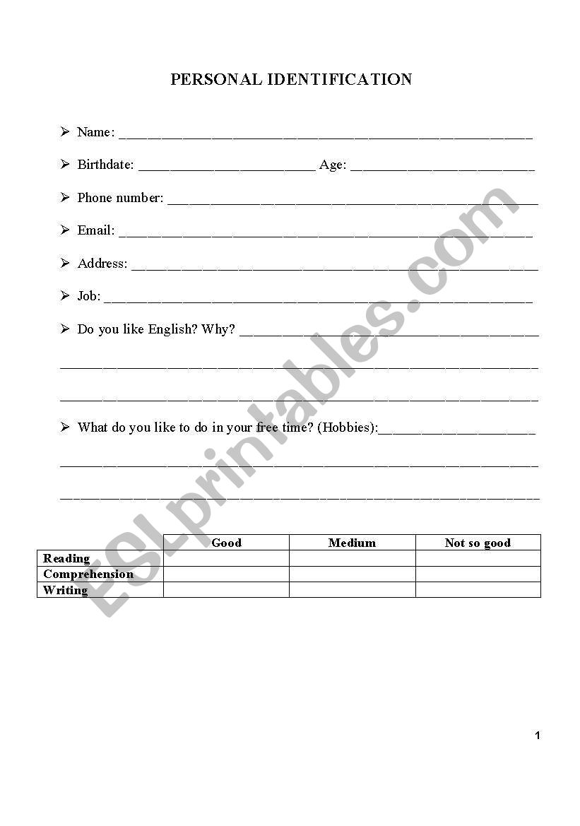 personal identification worksheet