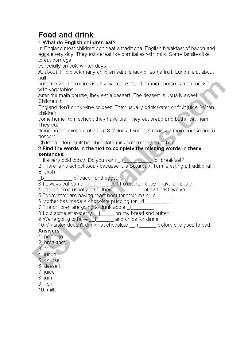 Food and Drink worksheet