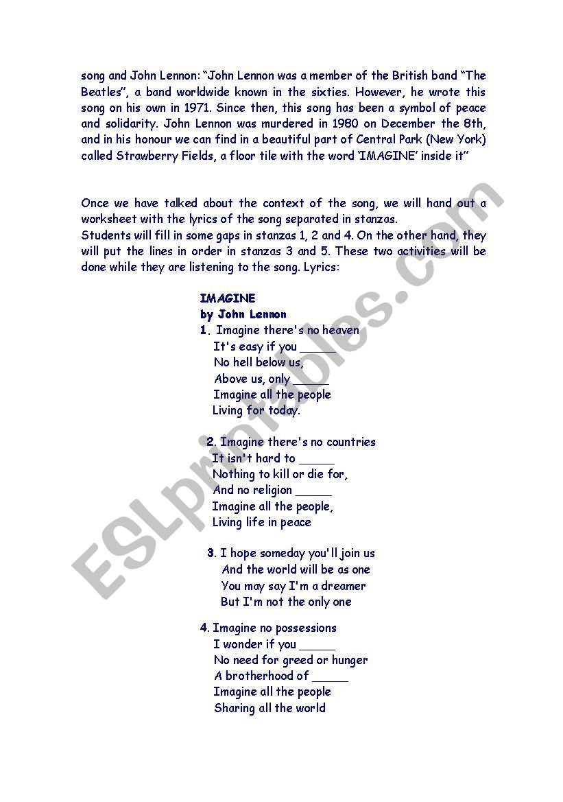 Song: IMAGINE - John Lennon - English ESL Worksheets for distance learning  and physical classrooms