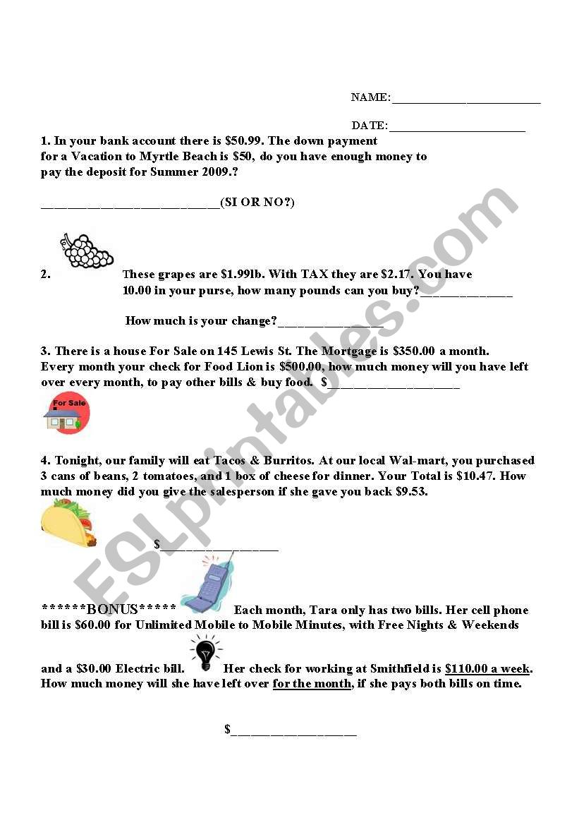 EXAMEN Daily Living/MONEY worksheet