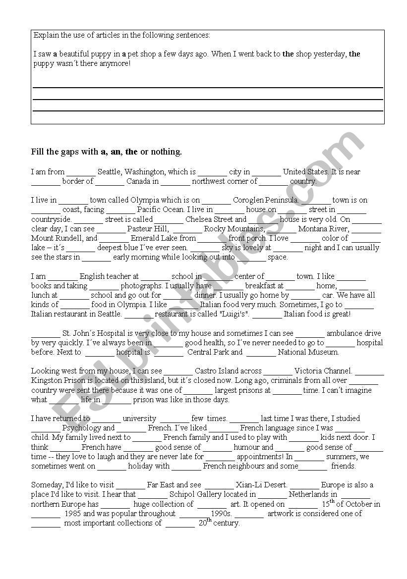 Articles practice worksheet