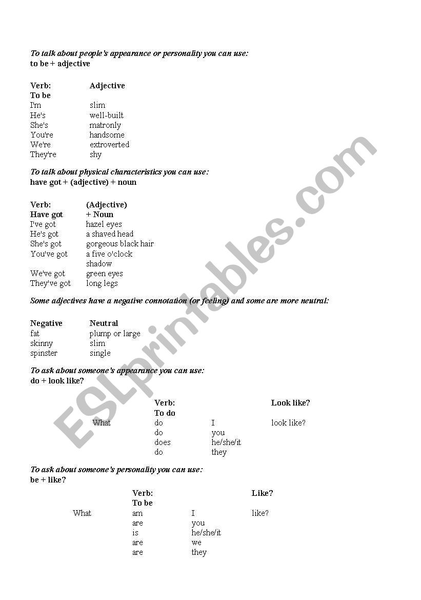 How to describe people  worksheet