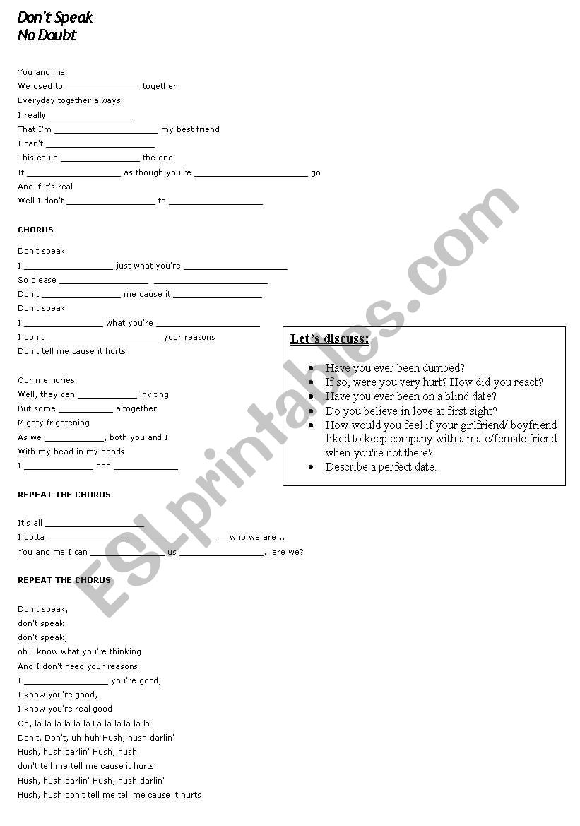 Song - No Doubt - Don´t speak - ESL worksheet by interaction