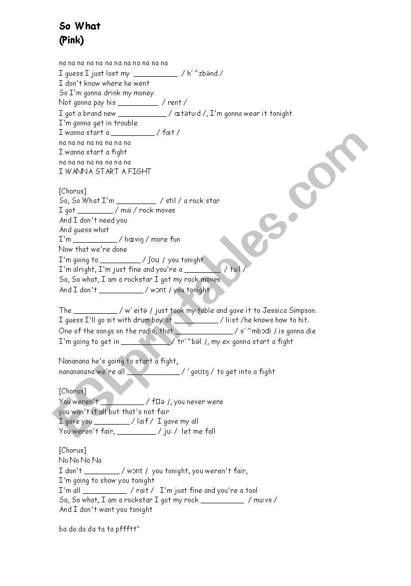 English Worksheets Song So What Pink