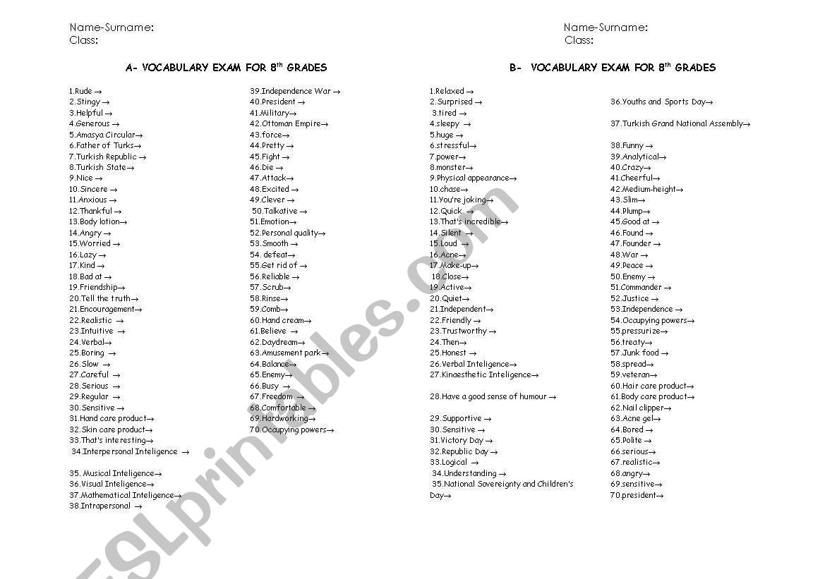 1.Vocabulary exam for 8th grades