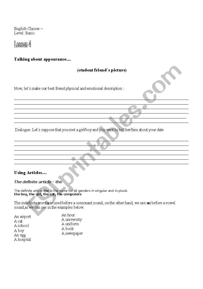 descriptions worksheet