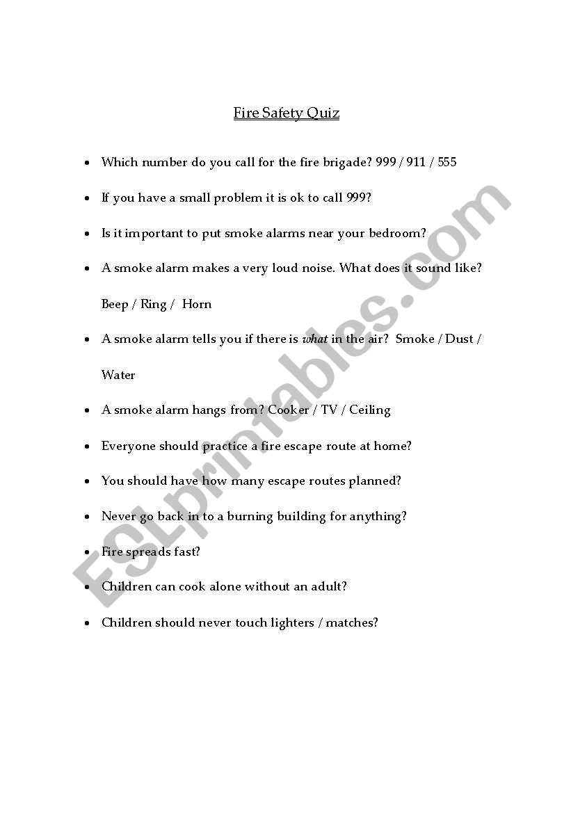 Fire Safety Quiz worksheet