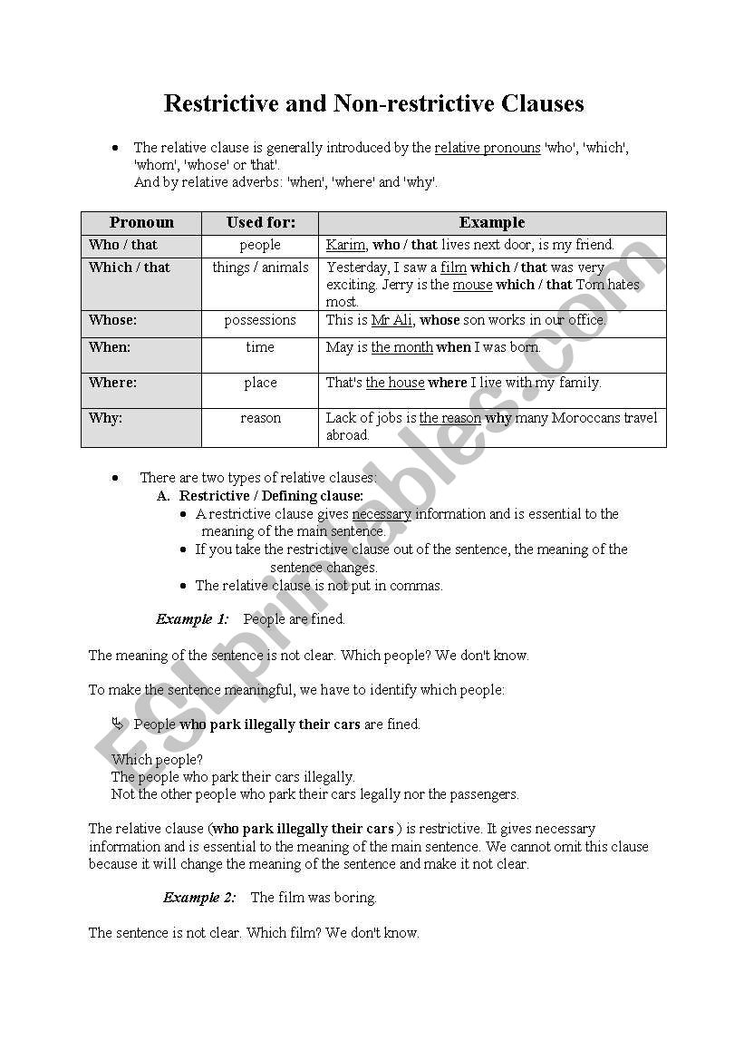 Restrictive And Non restrictive Clauses ESL Worksheet By Faissal