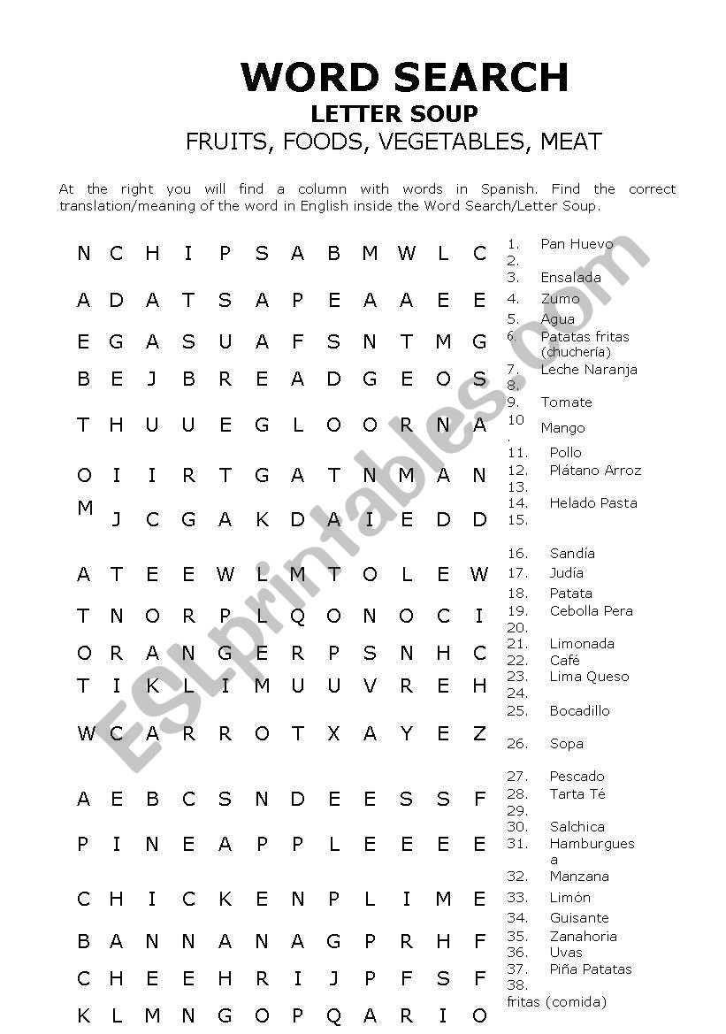 Word Search: Fruits, Foods, Vegetables, Meat