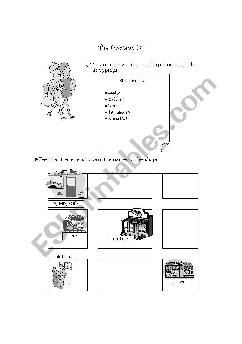 English Worksheets The Shopping List