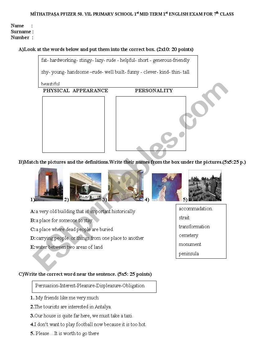 sample exam for 7th grade students