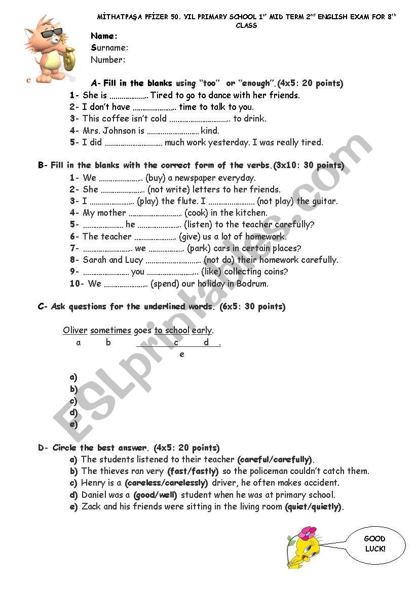 sample exam for 8th class students