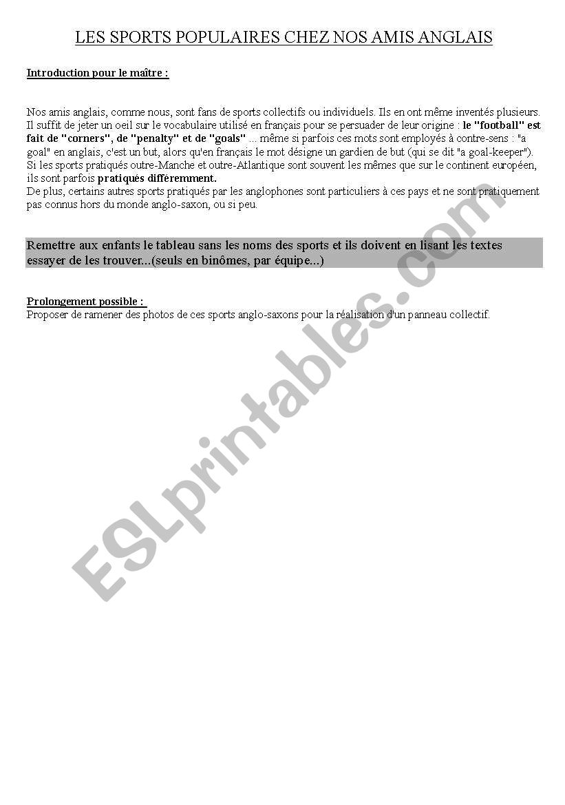 Sports explanations  worksheet