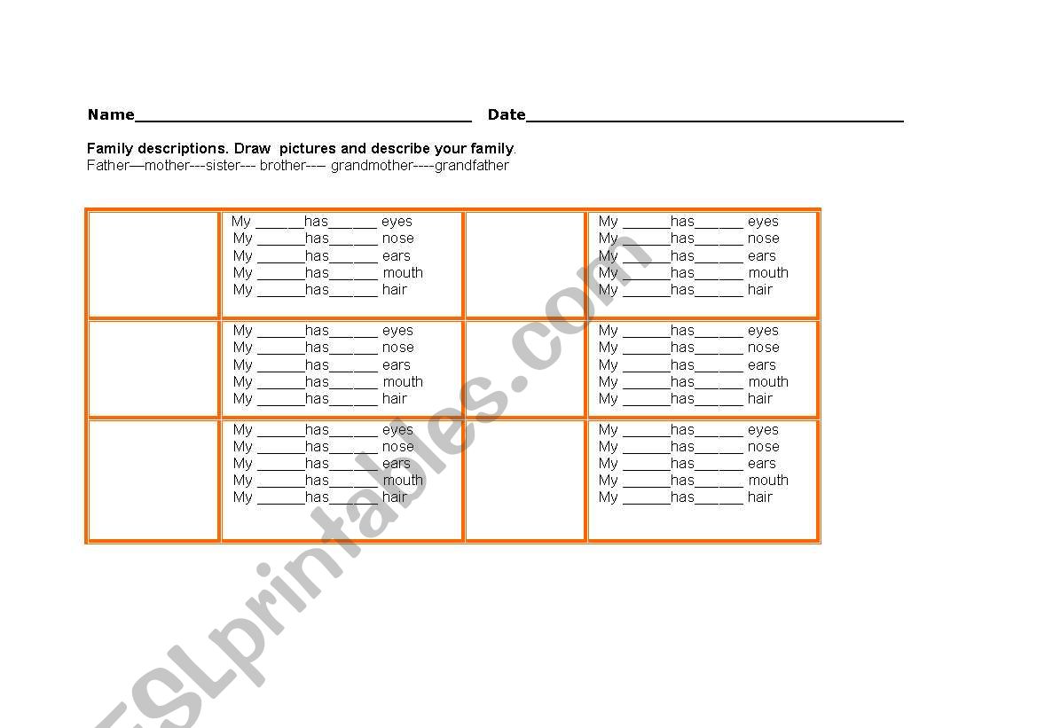 desgribing the family  worksheet