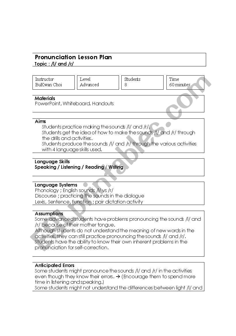 English Worksheets English Pronunciation l And r Lesson Plan