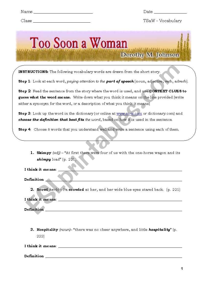 Too Soon A Woman - Vocabulary for ESL Students