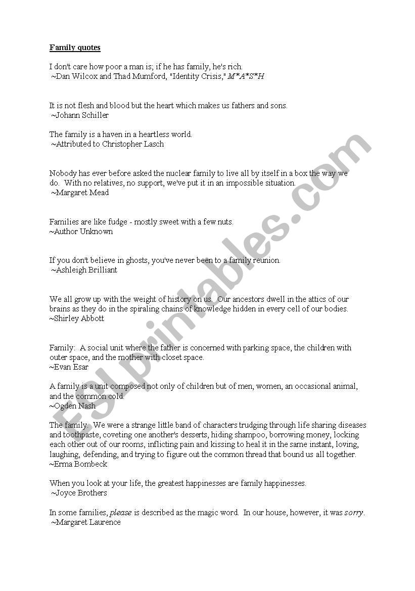 family quotes worksheet