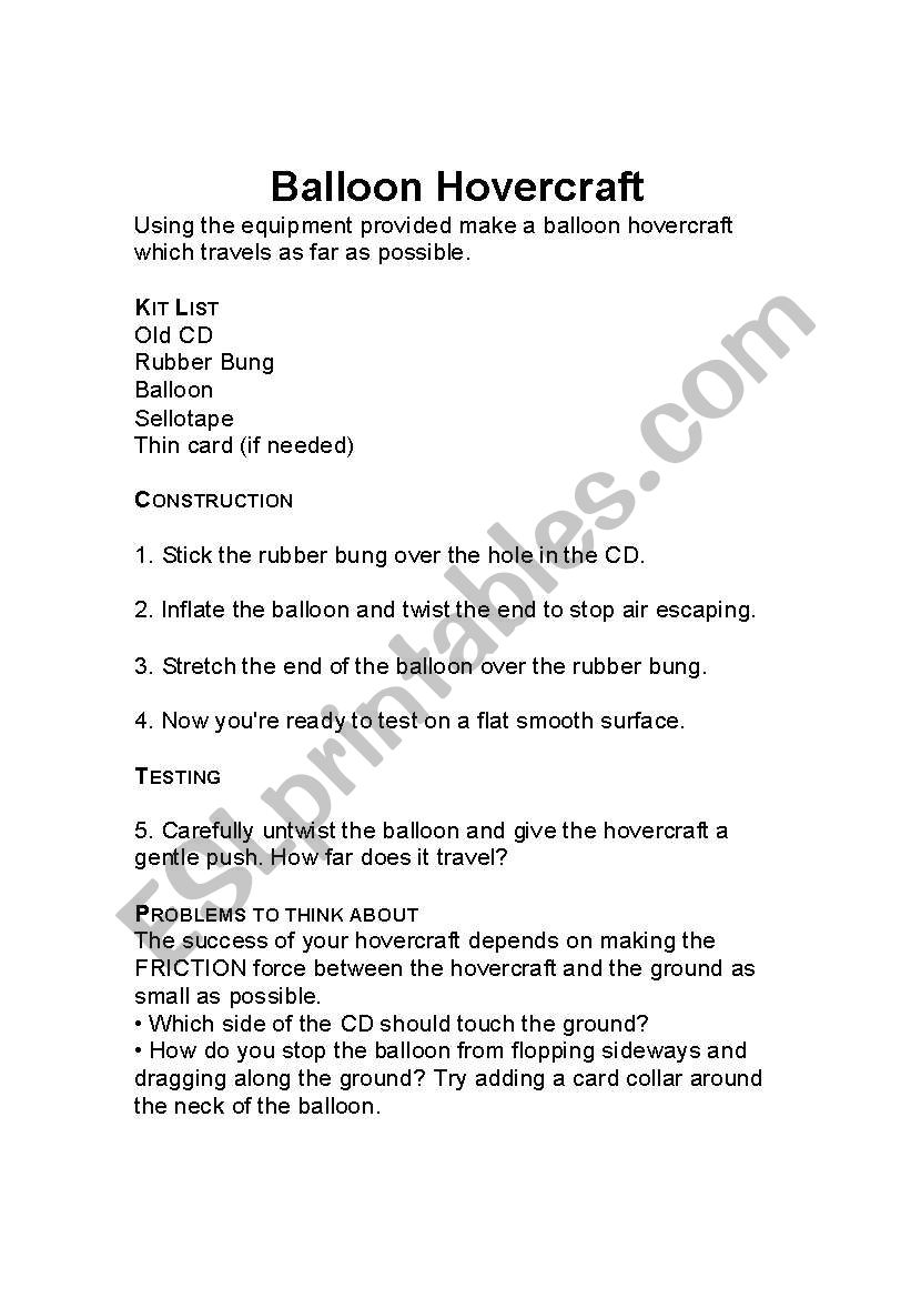 Balloon Hovercraft worksheet