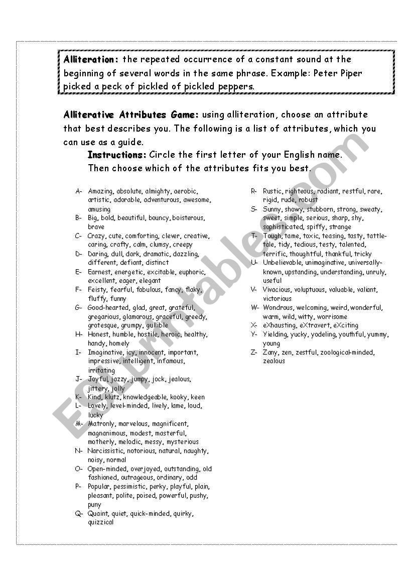 Alliterative Attributes Activity