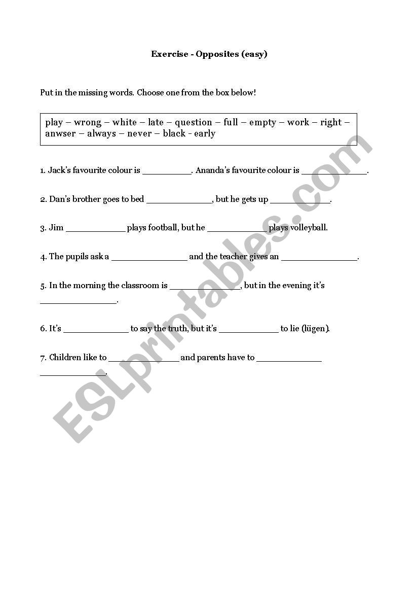 Opposites (easy) worksheet