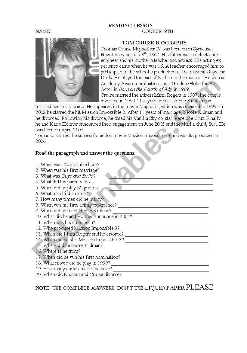 Tom Cruises biography worksheet