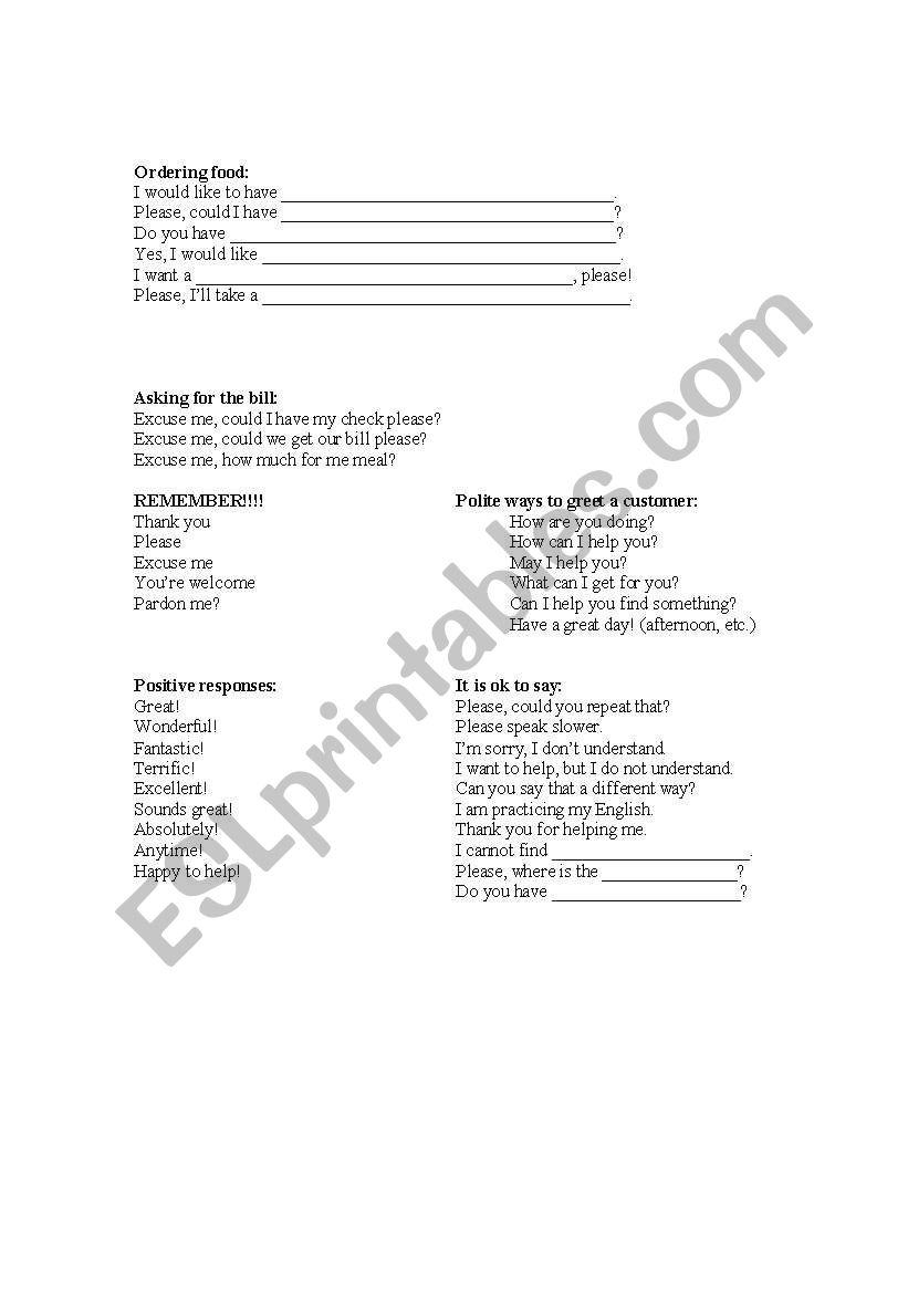 English Worksheets Alternate Words For Ordering Food