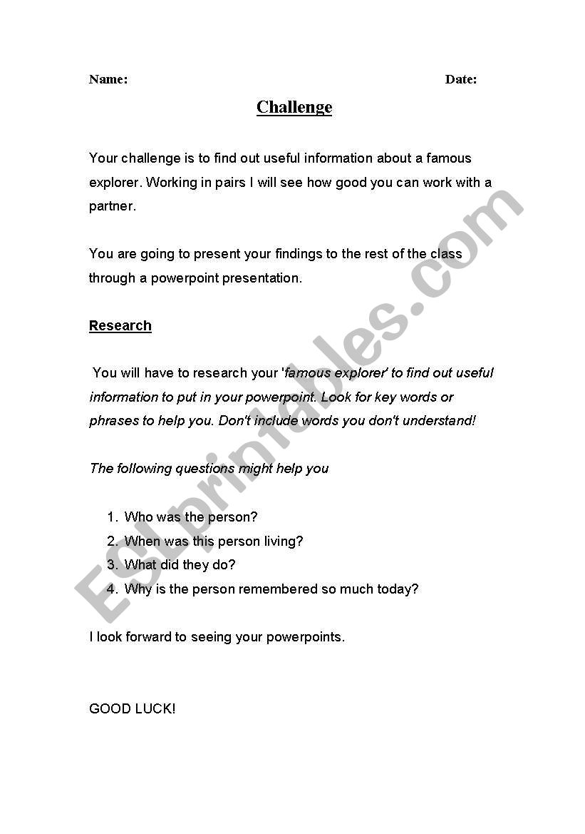 Challenge worksheet