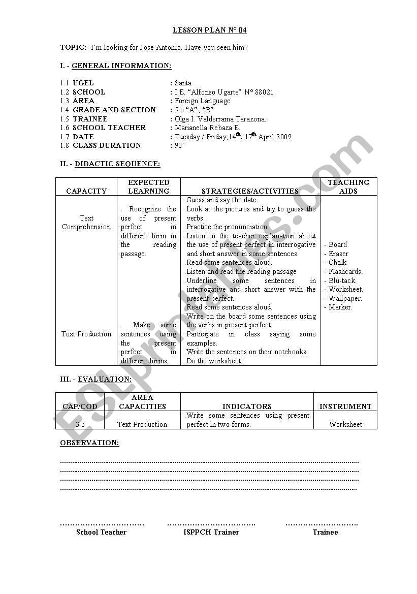 lesson plan for 5 grade of secundary