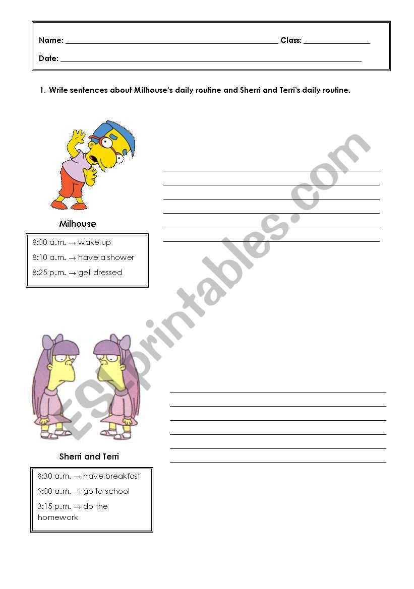 Simpsons daily rouitne worksheet