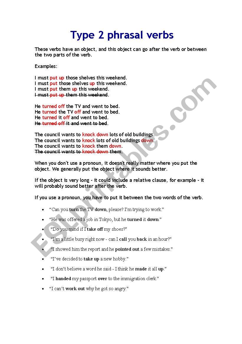 PHRASAL VERBS TYPE 2 worksheet