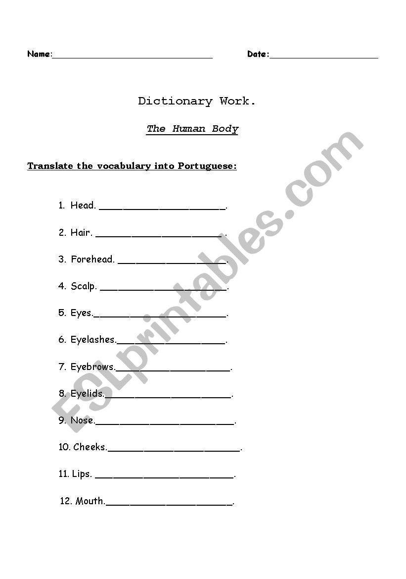 dictionary work-the body worksheet