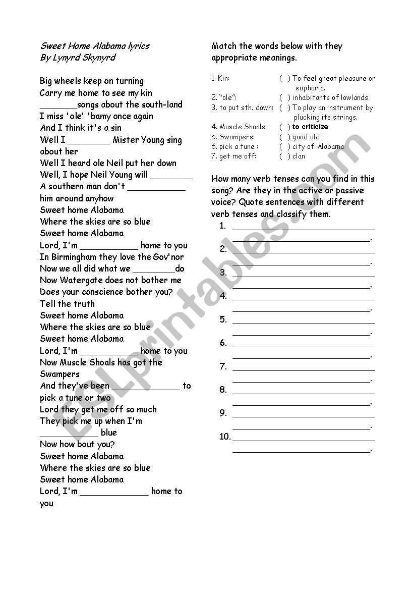 Song: Sweet  Home Alabama worksheet