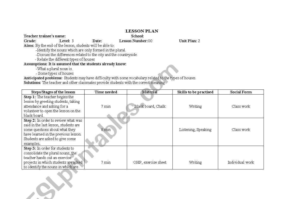 English Worksheets Lesson Plan On Types Of Houses