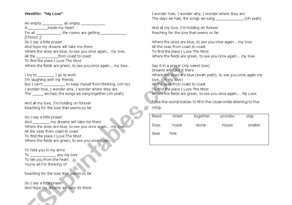 My Love Song Cloze worksheet