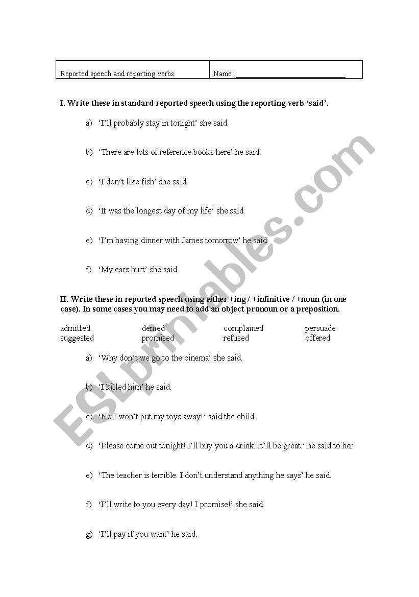 Reported speech worksheet