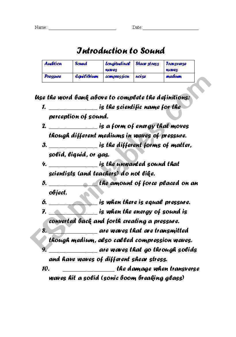 Introduction to Sound worksheet