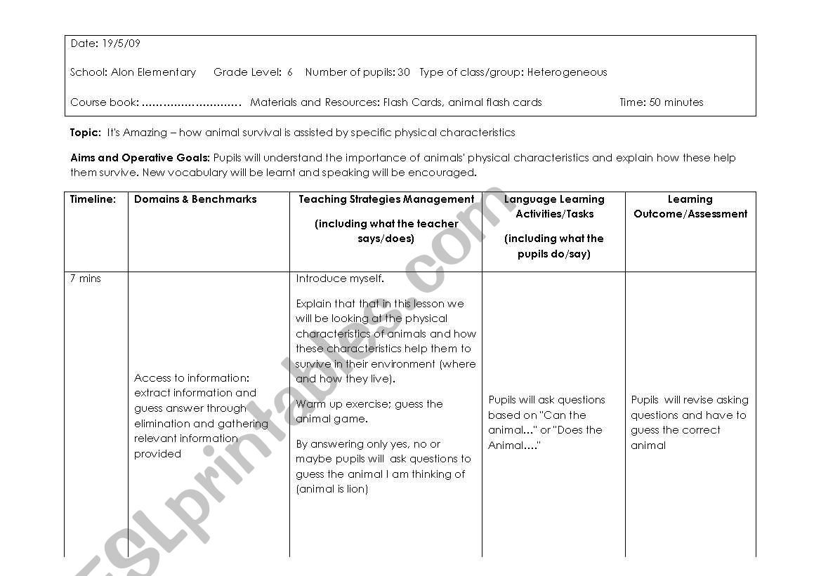 English worksheets: How physical characteristics help an animal´s survival