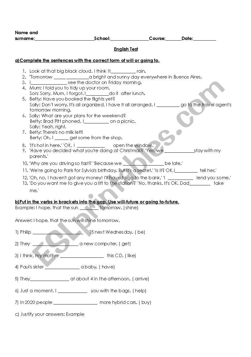 Test on going to or will  worksheet