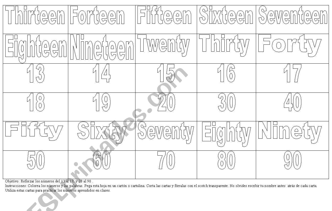 Numbers cards worksheet