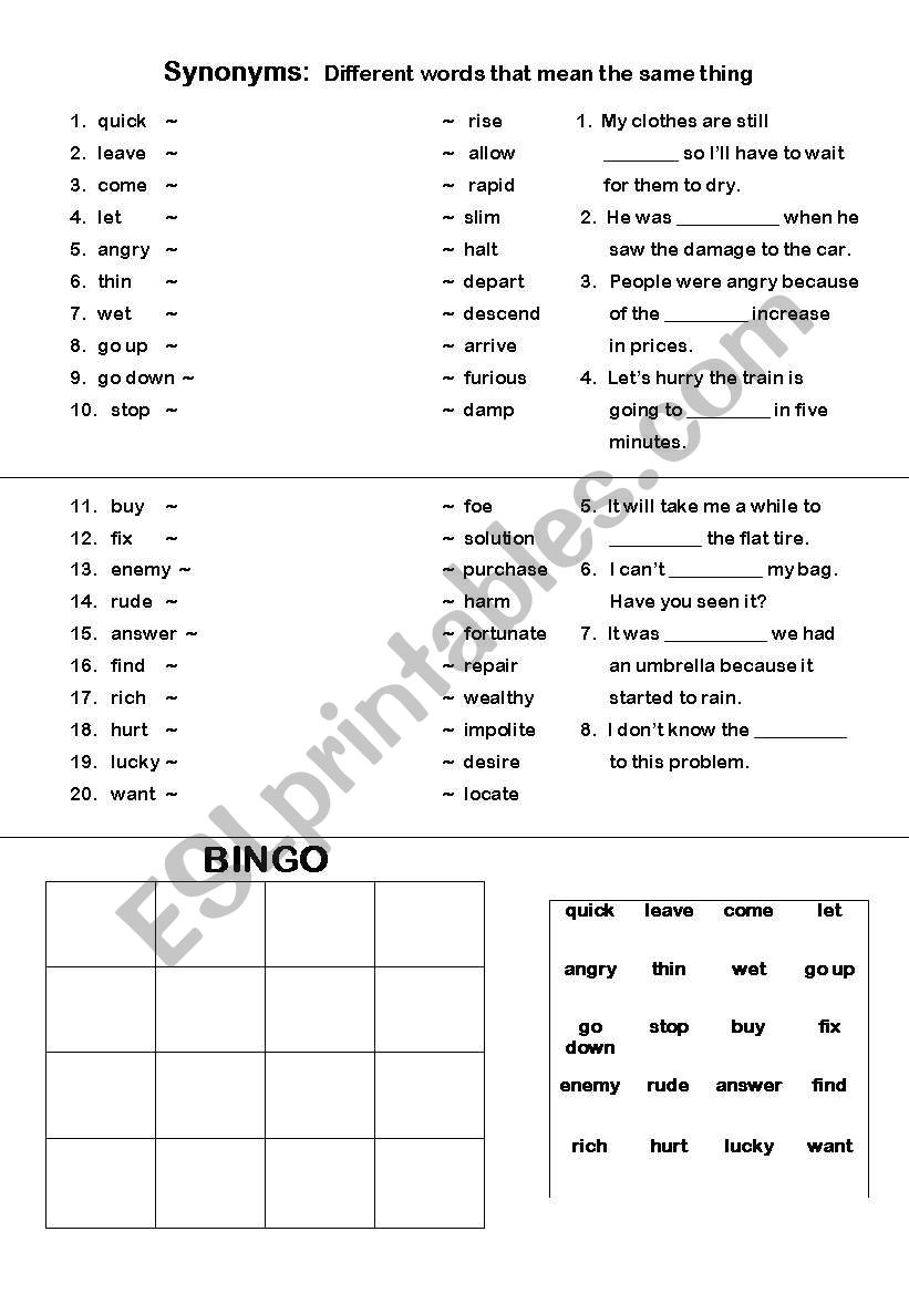 Synonyms worksheet