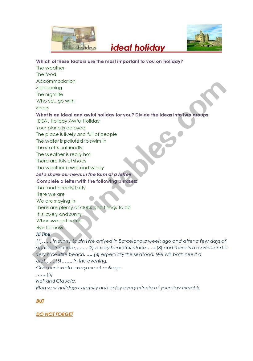 Ideal Holiday worksheet