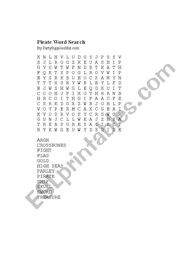 Pirates wordsearch worksheet